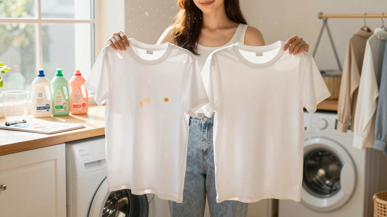 Pessoa a segurar duas t-shirts brancas, uma com nódoas e outra limpa, numa lavandaria doméstica.