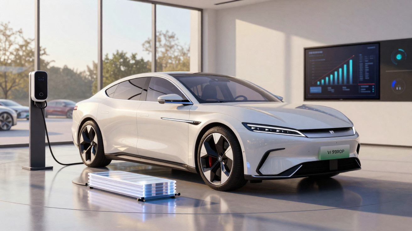 Carro elétrico branco moderno estacionado numa garagem com carregador e bateria ao lado.