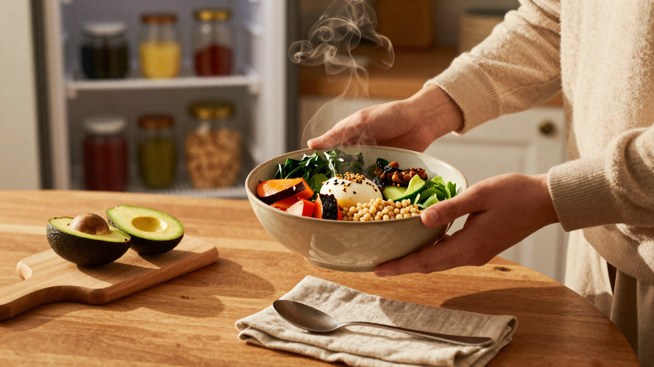 Pessoa a segurar tigela de comida saudável quente com ovos, vegetais e grão-de-bico numa cozinha moderna.