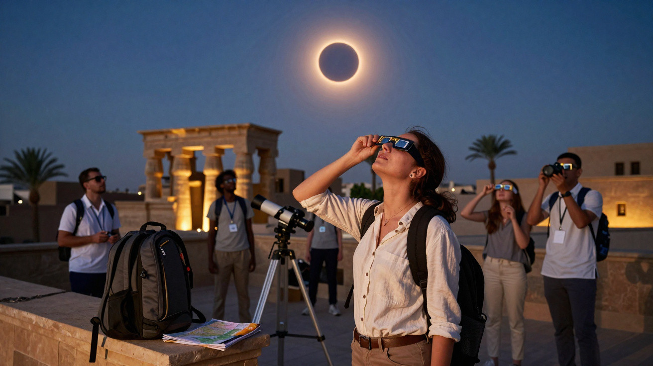 Grupo de pessoas a observar eclipse lunar com telescópio ao ar livre, noite clara com lua cheia no céu.