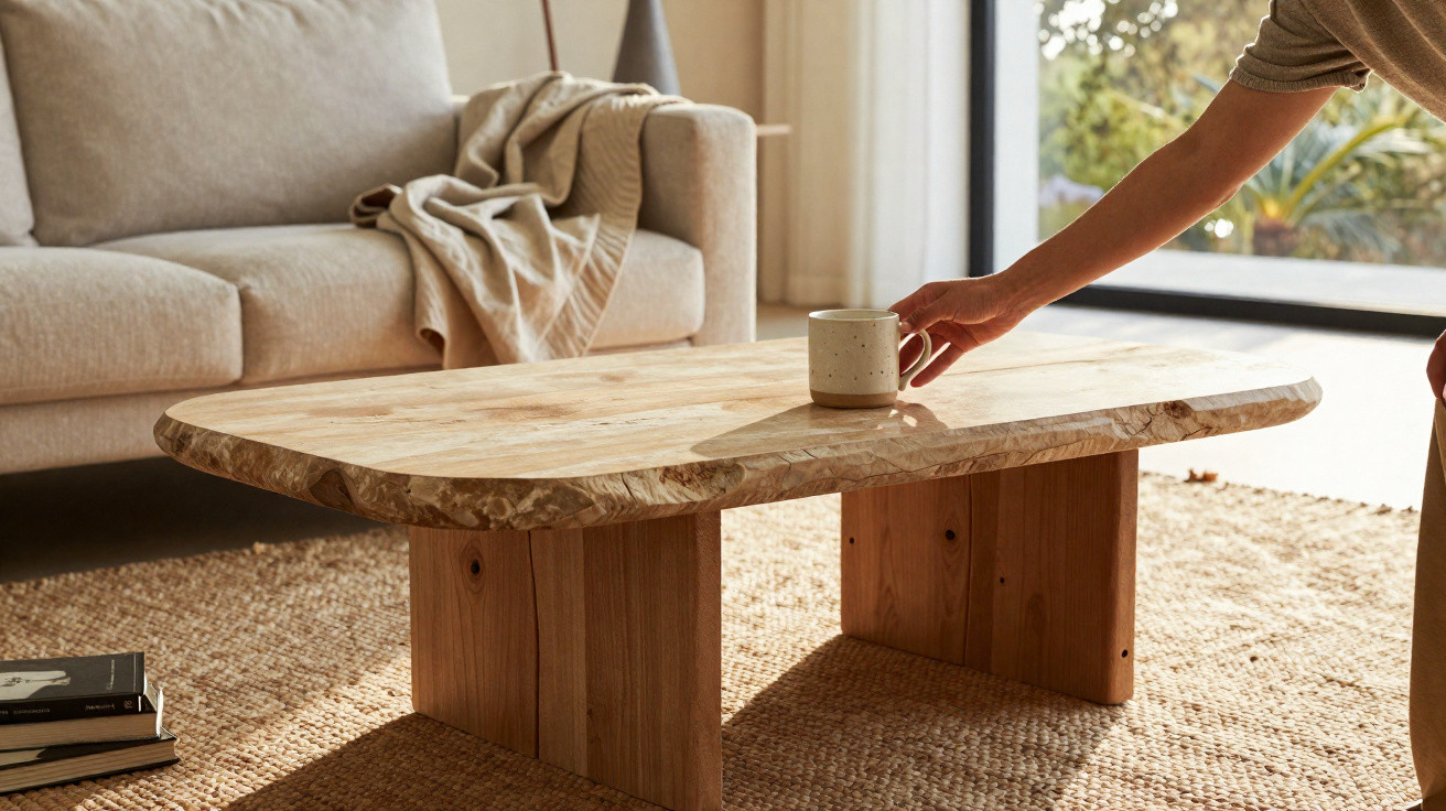 Mesa de centro de madeira natural com bordas irregulares em sala com sofás e tapete de fibras naturais.