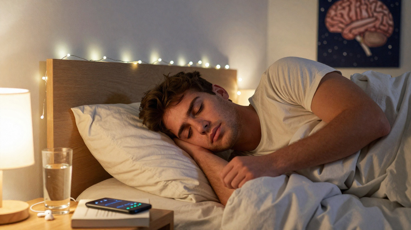 Homem a dormir de lado numa cama, com o telemóvel, livros e copo de água numa mesa de cabeceira.