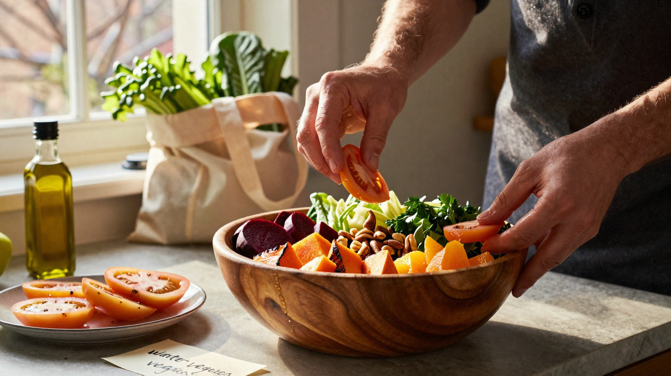 Pessoa a preparar salada com tomate, legumes e frutos secos numa tigela de madeira numa cozinha iluminada.
