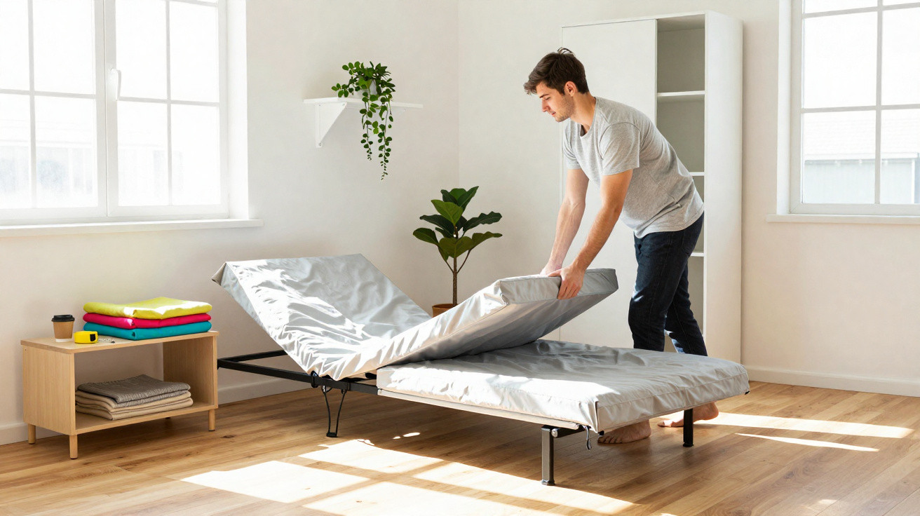 Homem a arrumar a cama num quarto luminoso com janela grande, plantas e móveis simples.