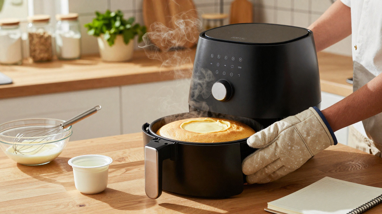 Pessoa a retirar bolo quente e fumegante de fritadeira elétrica numa cozinha moderna.