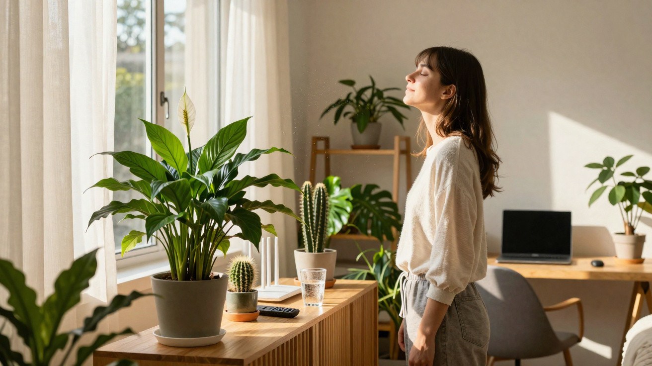 Mulher a relaxar junto à janela num quarto iluminado com várias plantas verdes em vasos.