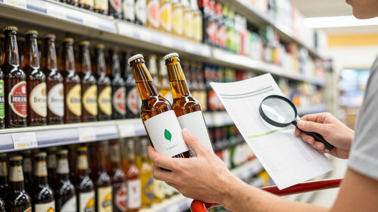 Pessoa segura duas garrafas de cerveja e lê rótulos com lupa numa prateleira de supermercado.