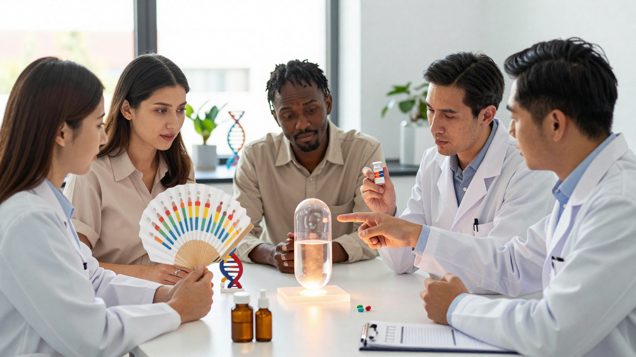 Grupo de cientistas em laboratório a discutir medicação com modelo de cápsula colorida sobre mesa.