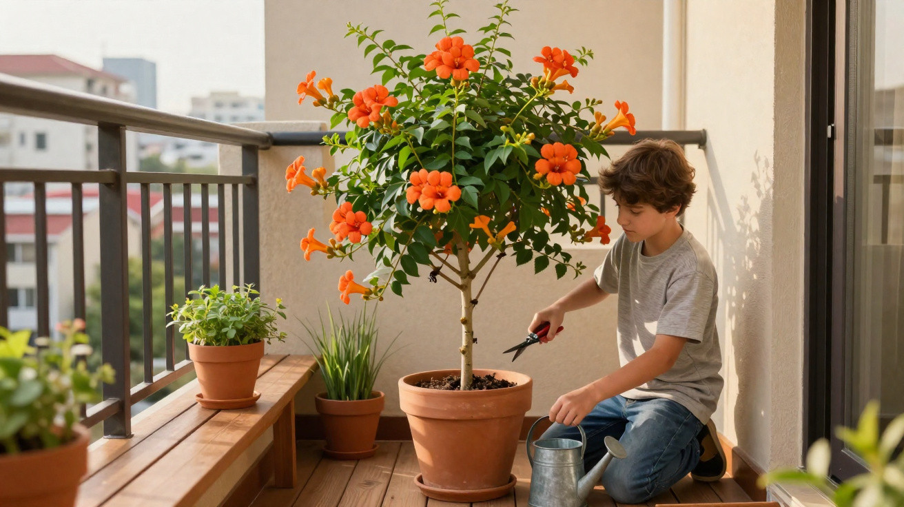 Jovem a cuidar de planta com flores laranja num terraço ensolarado rodeado de vasos e regador.