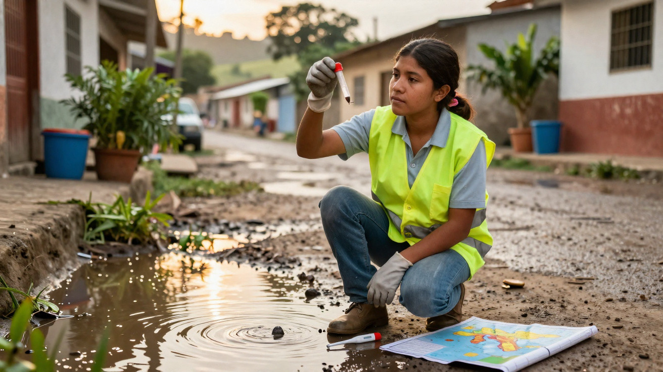 Mulher com colete refletor recolhe amostra de água de poça numa rua suja com mapa ao lado.