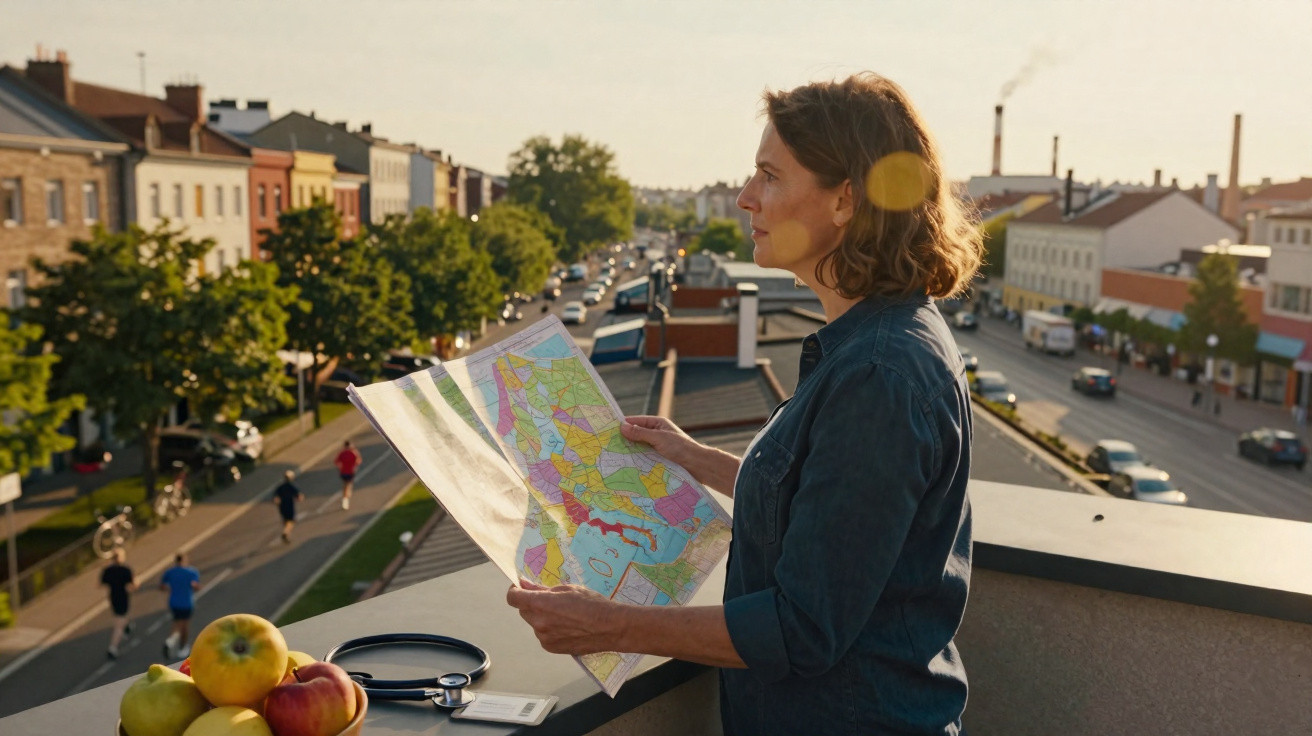 Mulher a consultar mapa numa varanda com vista para rua urbana ao entardecer, objeto médico e fruta na mesa.