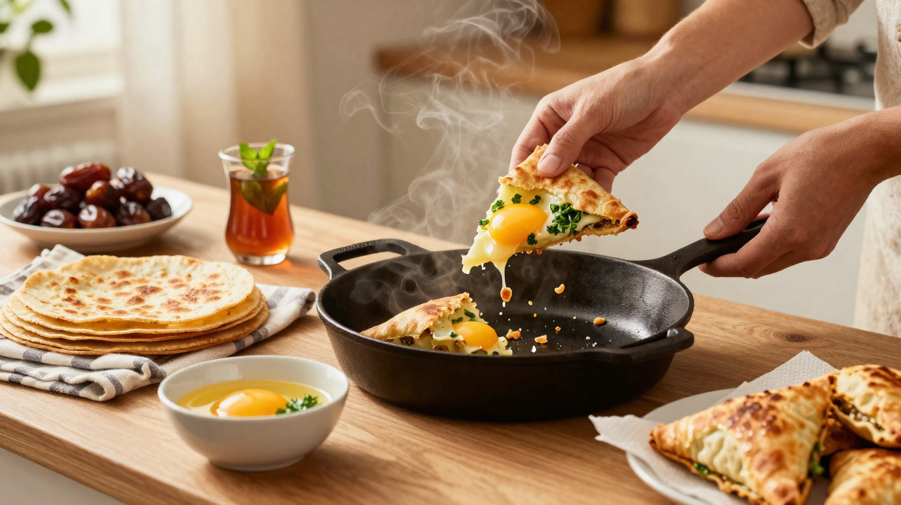 Mãos a segurar fatia de comida triangular quente com gema de ovo escorrendo, sobre frigideira, com mais comidas na mesa.