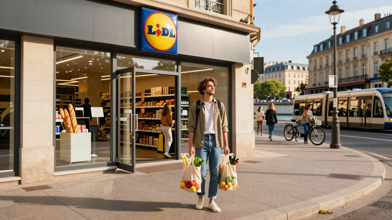 Jovem com sacos de compras com frutas e legumes à porta de supermercado Lidl numa rua urbana com elétrico.