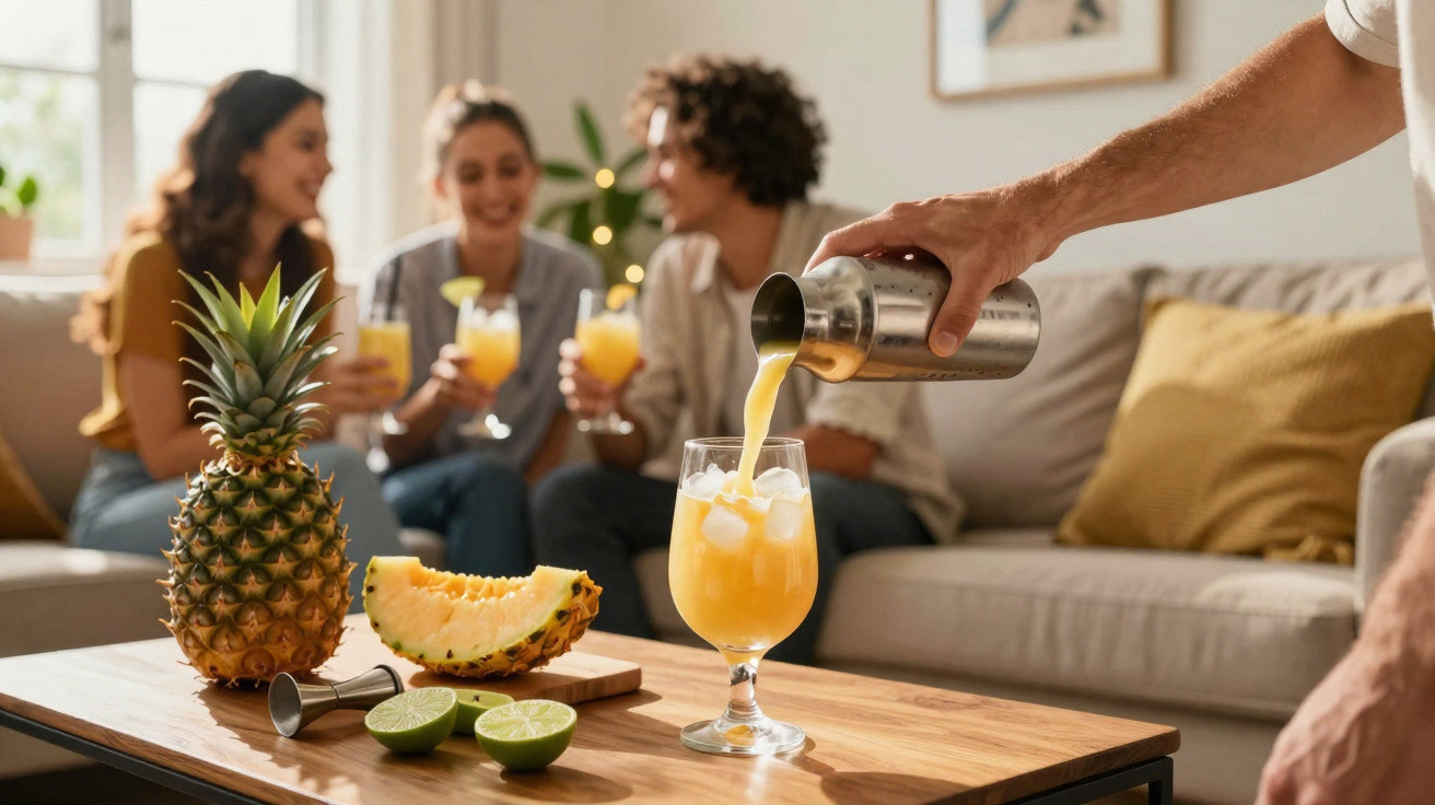 Pessoa a servir cocktail de ananás numa sala com casal a conversar ao fundo, com fruta fresca na mesa.