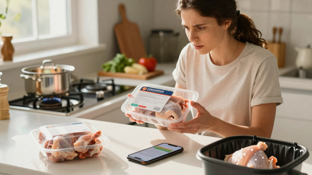 Mulher na cozinha lê atentamente rótulo de embalagem de carne crua com expressão preocupada.