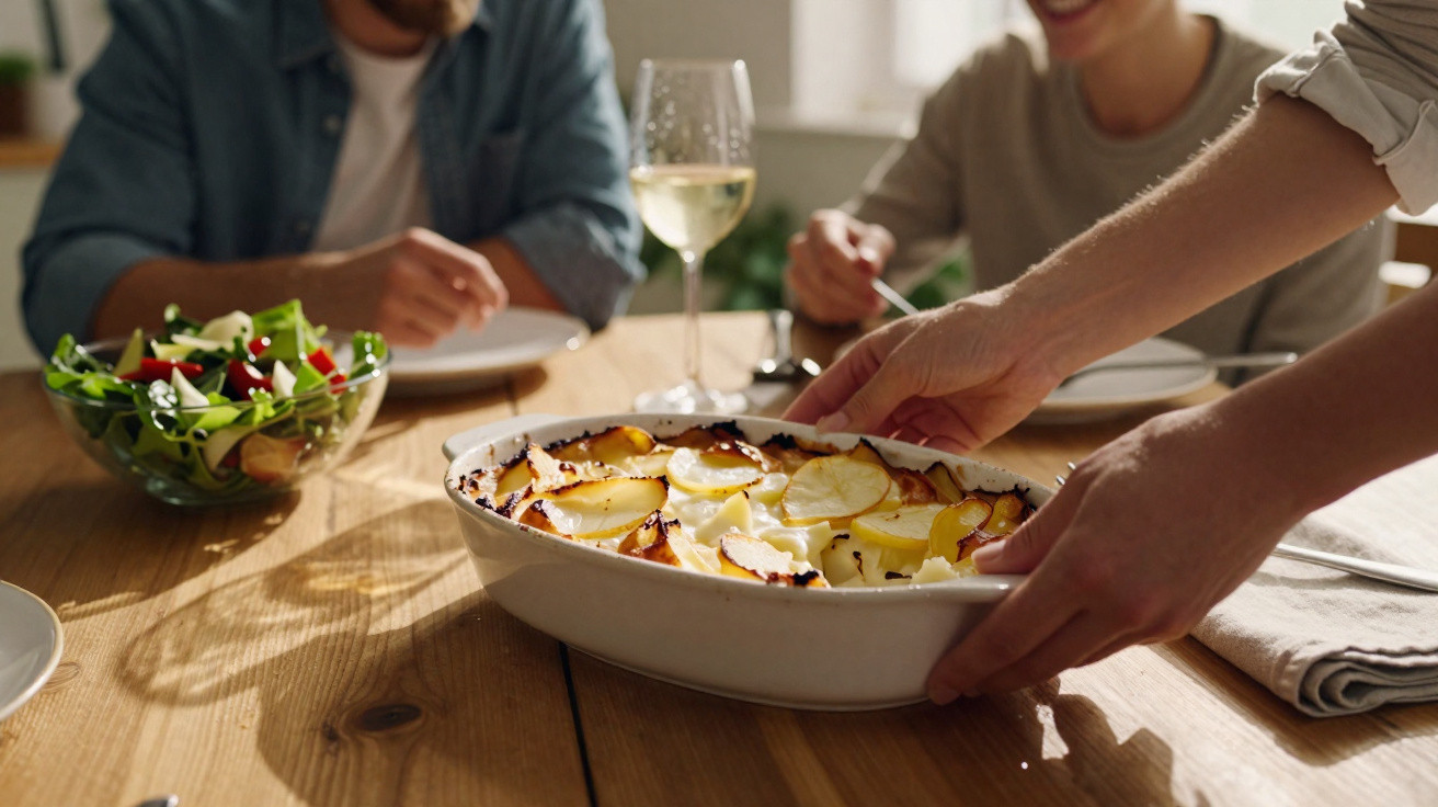 Pessoa a servir um prato de batatas gratinadas numa mesa com salada e copo de vinho branco.
