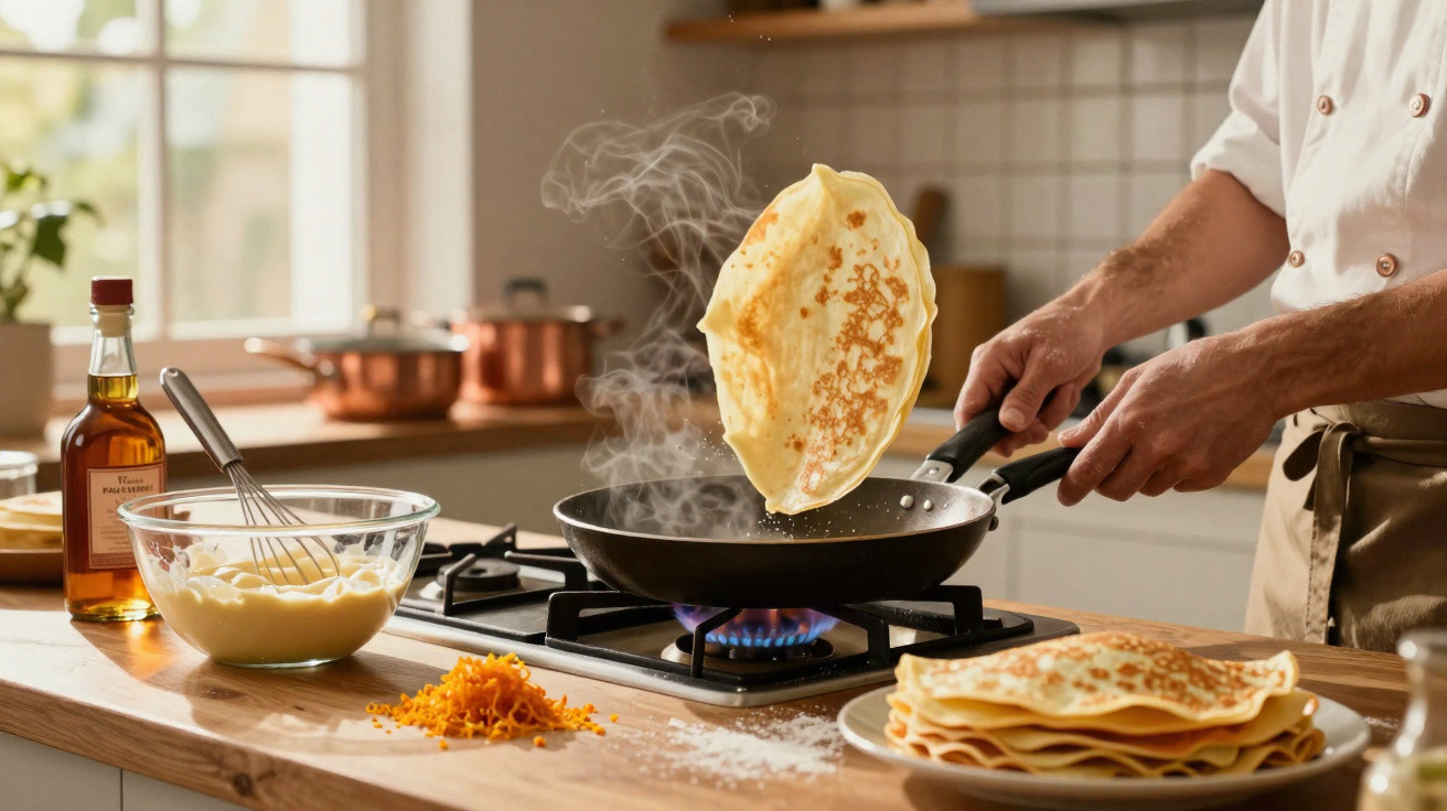 Pessoa a cozinhar panquecas numa frigideira numa cozinha moderna com ingredientes na bancada.
