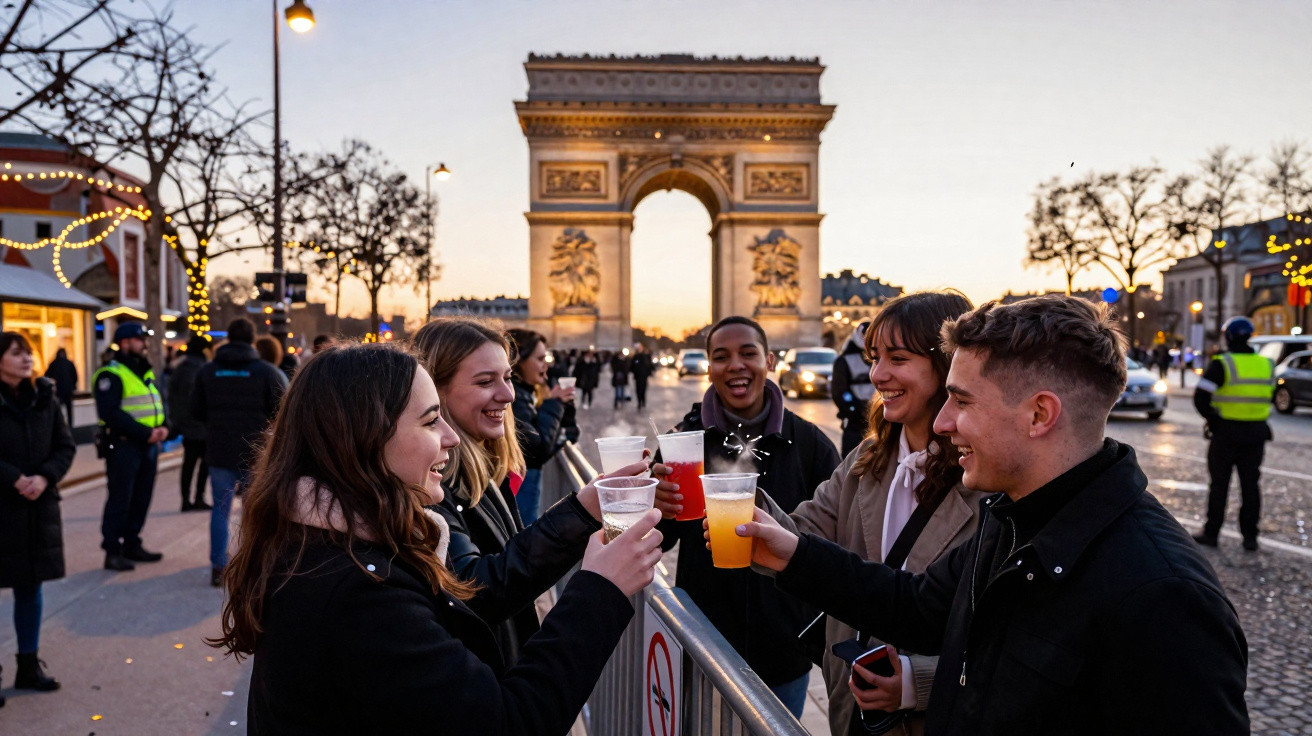 Grupo de jovens a brindar com bebidas perto do Arco do Triunfo em Paris ao entardecer.