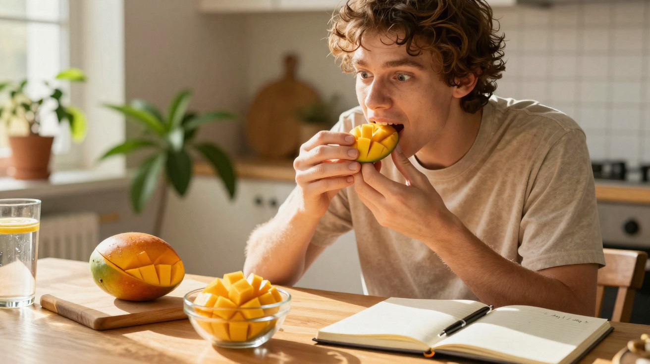 Jovem sentado à mesa a comer manga cortada em cubos, ao lado de um copo de água e um caderno aberto.