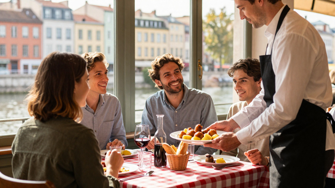 Grupo de amigos sentado à mesa num restaurante junto ao rio a ser servido pelo empregado.