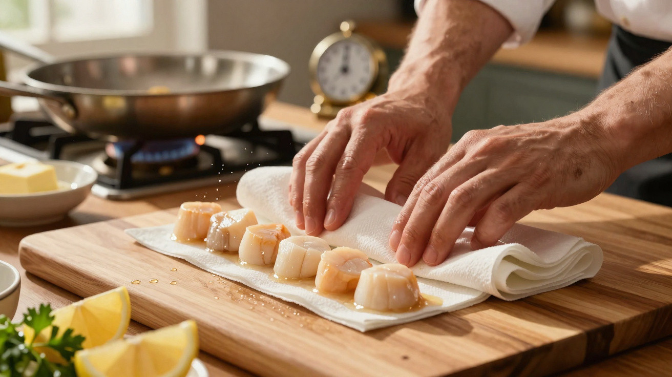 Mãos de cozinheiro a secar vieiras num pano branco numa tábua de cortar madeira, fogão e limões ao lado.