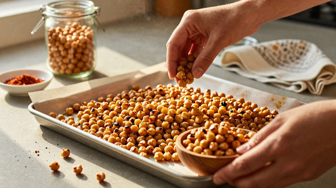 Mãos manipulam grão-de-bico tostado numa travessa com papel vegetal numa cozinha iluminada.