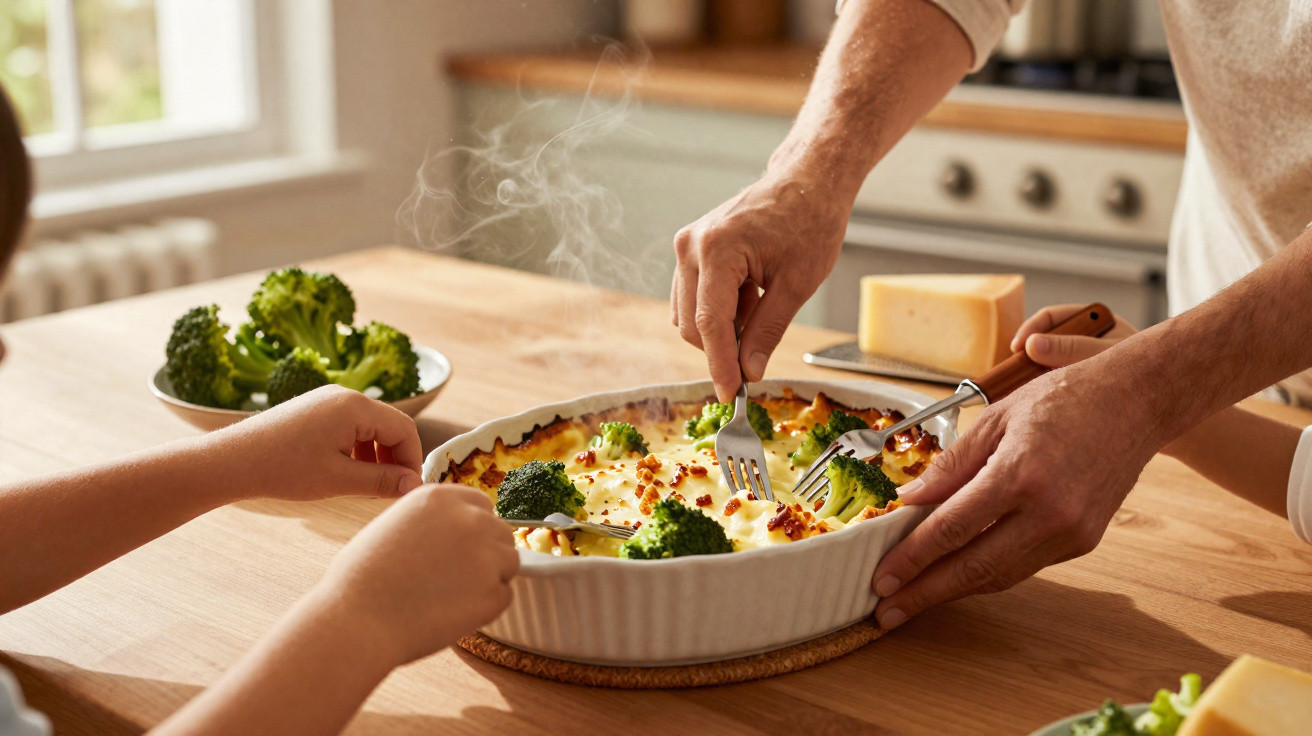 Mãos de adultos e crianças a servir uma caçarola quente de brócolos gratinados na mesa da cozinha ensolarada.