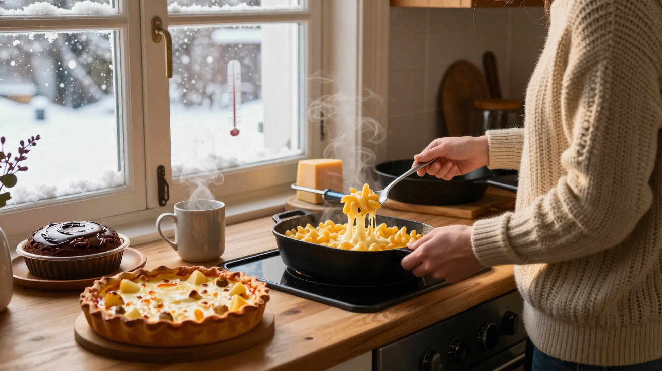 Pessoa a servir macarrão com queijo numa cozinha, janela com vista para neve lá fora.