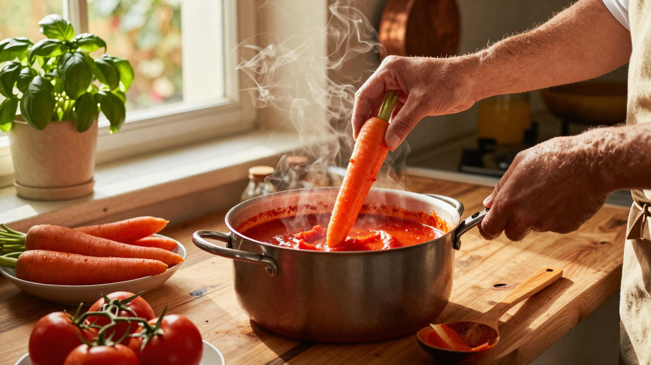 Pessoa a cozinhar com cenoura num tacho com molho de tomate numa cozinha luminosa.