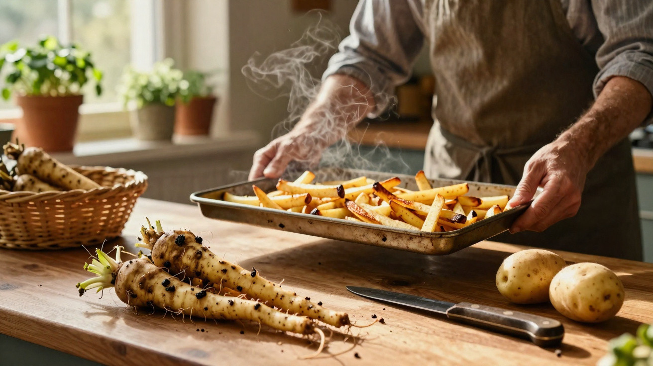 Pessoa a retirar batatas fritas fumegantes do forno em cozinha com sementes e batatas na mesa de madeira.