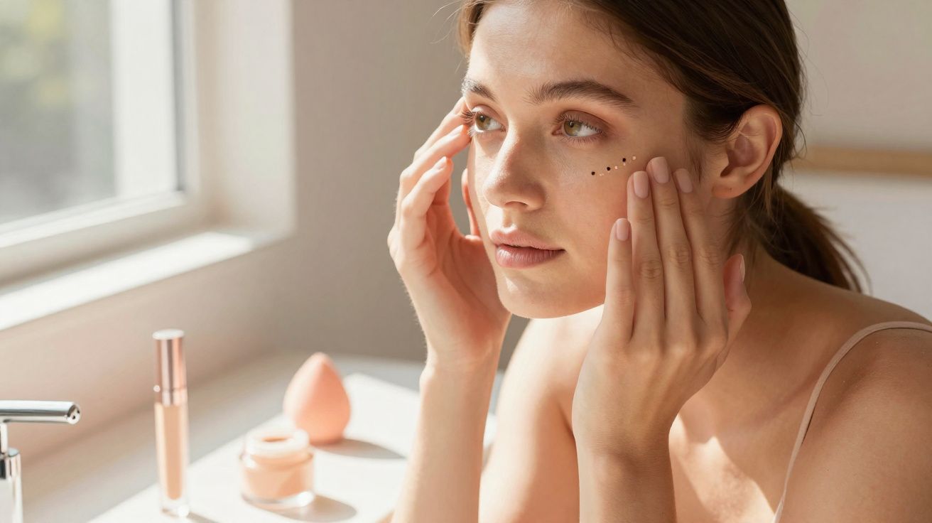 Mulher aplica creme facial na zona dos olhos junto a uma janela com luz natural.