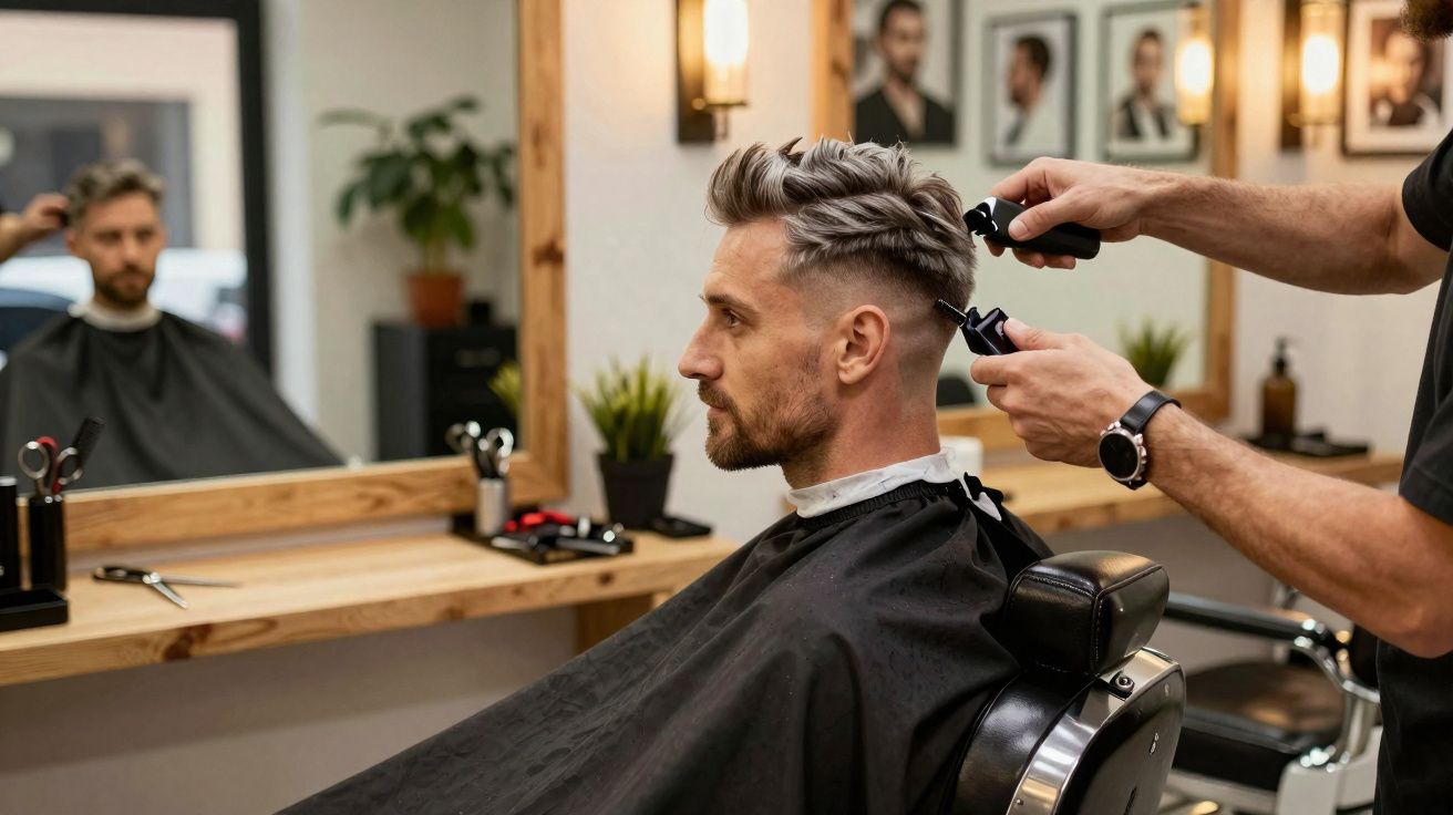 Homem com capa preta a receber corte de cabelo com máquina numa barbearia moderna e iluminada.