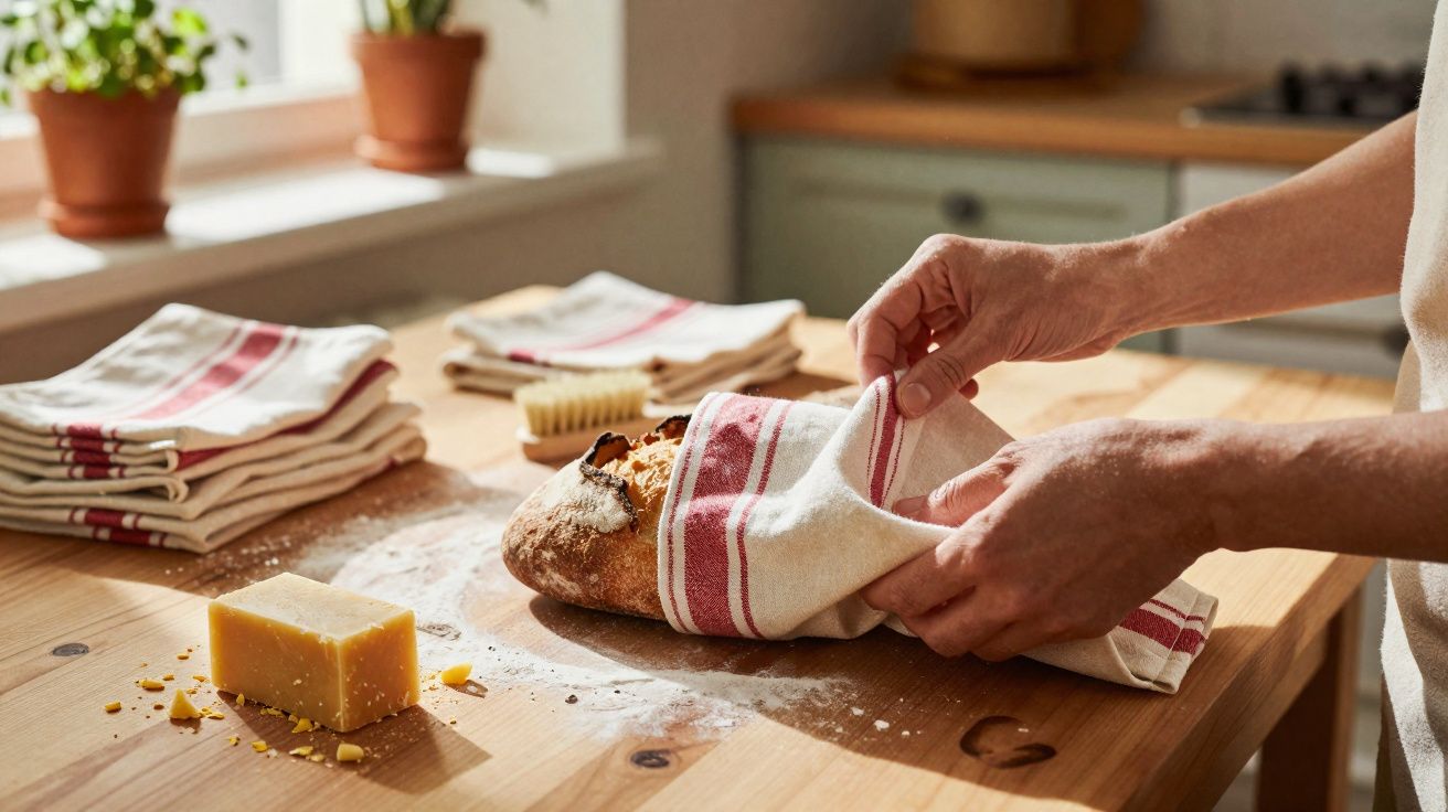Mãos a embrulhar pão caseiro com pano de cozinha numa mesa de madeira, com queijo e panos dobrados ao lado.