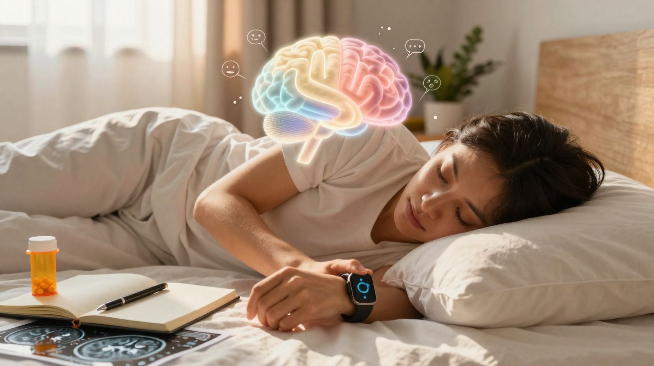 Mulher deitada na cama, com relógio inteligente, pílulas, caderno e imagem digital de cérebro a flutuar acima.