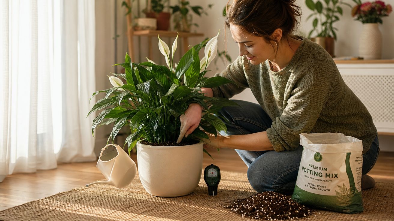 Mulher regando e a cuidar de planta verde em vaso branco dentro de casa, junto a saco de terra e medidor de humidade.