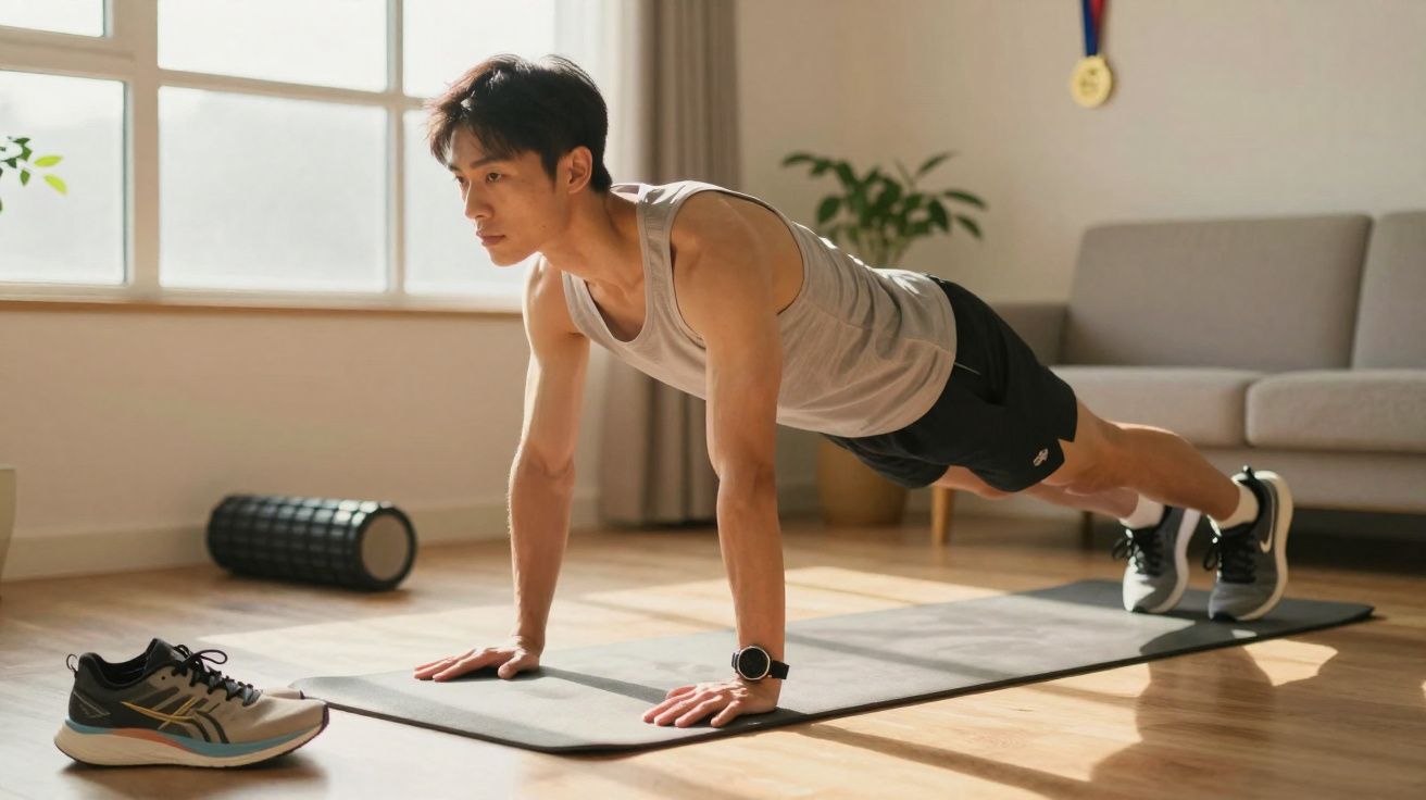 Homem a fazer flexões numa sala com tapete de yoga, ténis e rolo de espuma no chão.