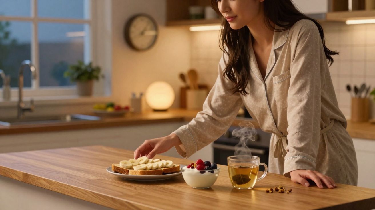 Mulher em pijama a preparar torradas com banana, junto a chá e iogurte com frutos vermelhos na cozinha.