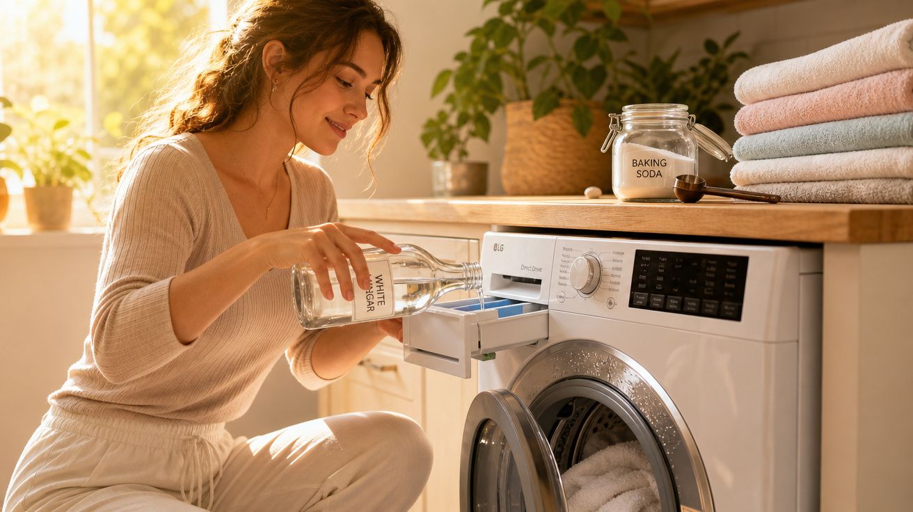 Mulher a despejar vinagre branco na máquina de lavar roupa numa manhã luminosa.
