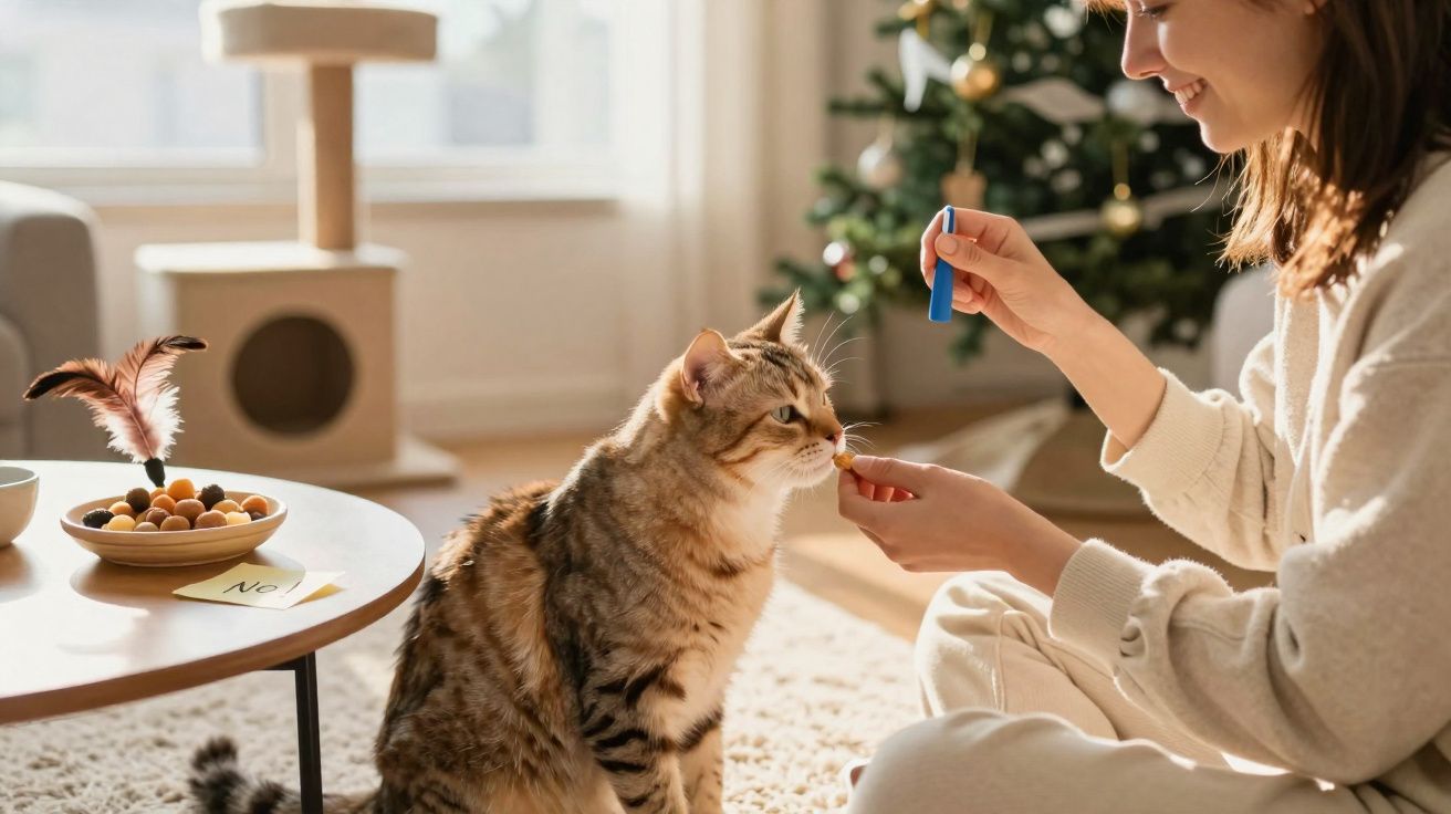 Mulher a dar comprimido a um gato num ambiente doméstico iluminado e decorado para Natal.
