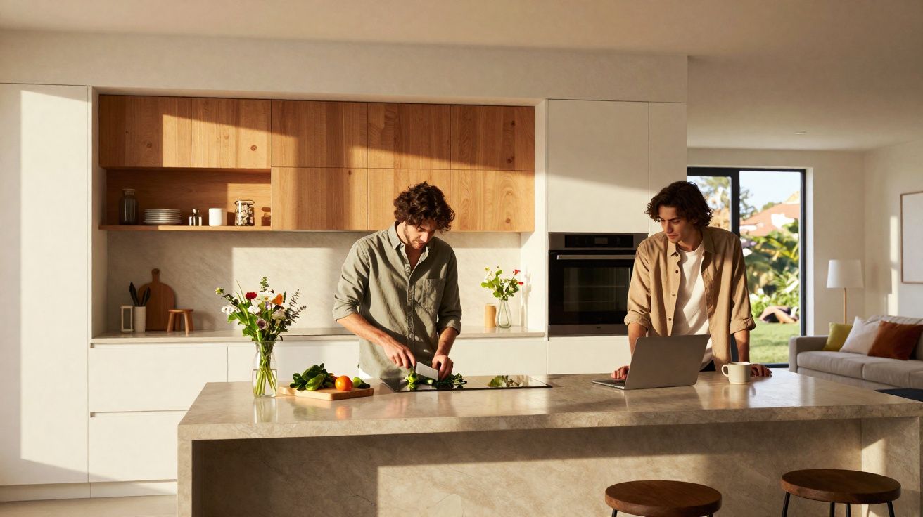 Dois homens numa cozinha moderna, um a cortar legumes e outro a usar um portátil junto à ilha central.