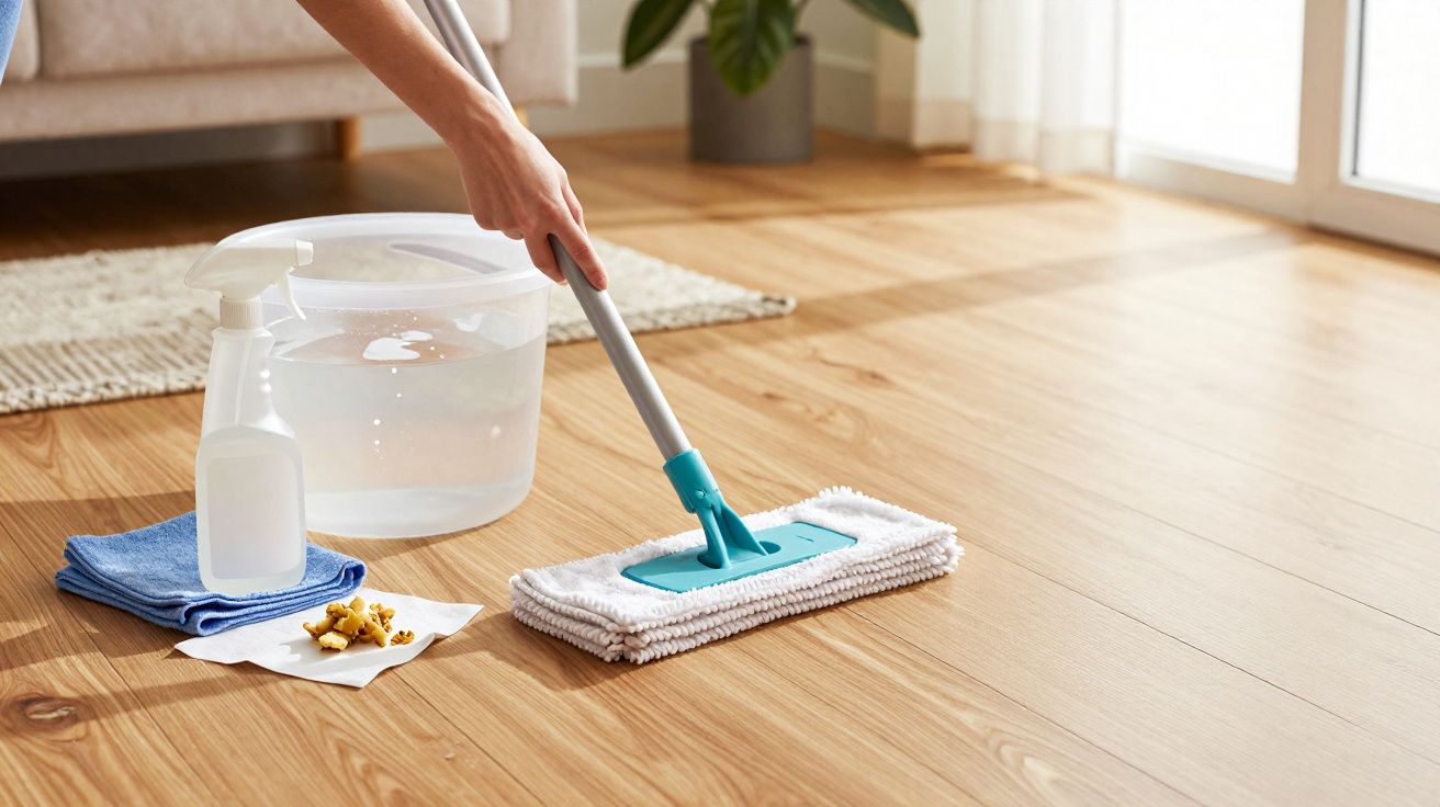 Pessoa a limpar chão de madeira com esfregona azul e balde de água no chão numa sala com sofá e planta.