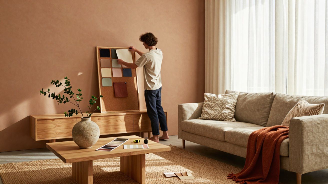 Pessoa a organizar amostras de cor num quadro numa sala de estar com sofá e mesa de madeira.