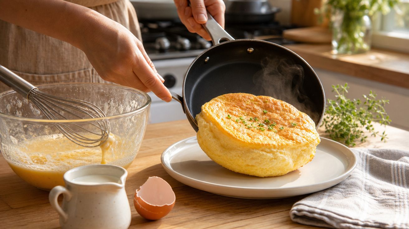 Pessoa a virar um omelete fofo fumegante de uma frigideira para um prato na cozinha.