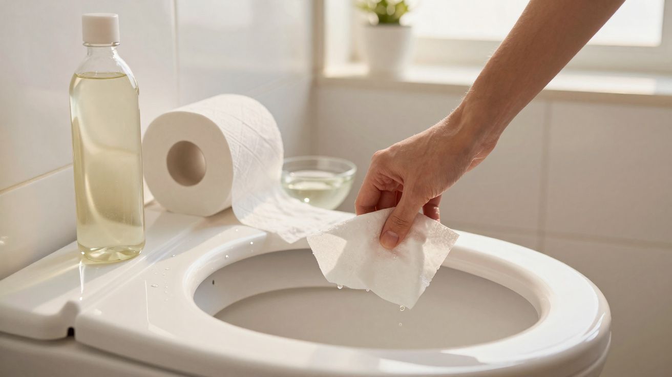 Mão a limpar o interior da sanita com toalhete húmido, rolo de papel e garrafa de líquido ao lado.