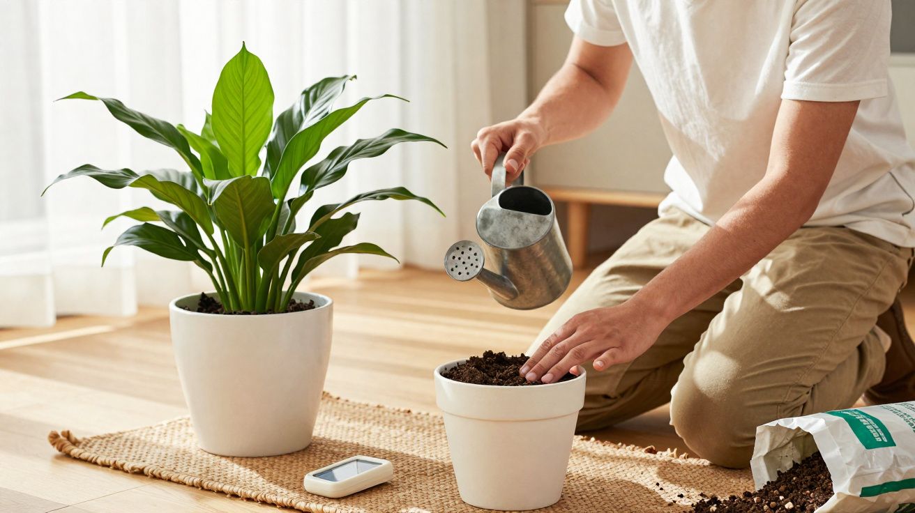 Pessoa a regar planta em vaso branco, com outra planta e medidor de humidade ao lado, num chão de madeira.