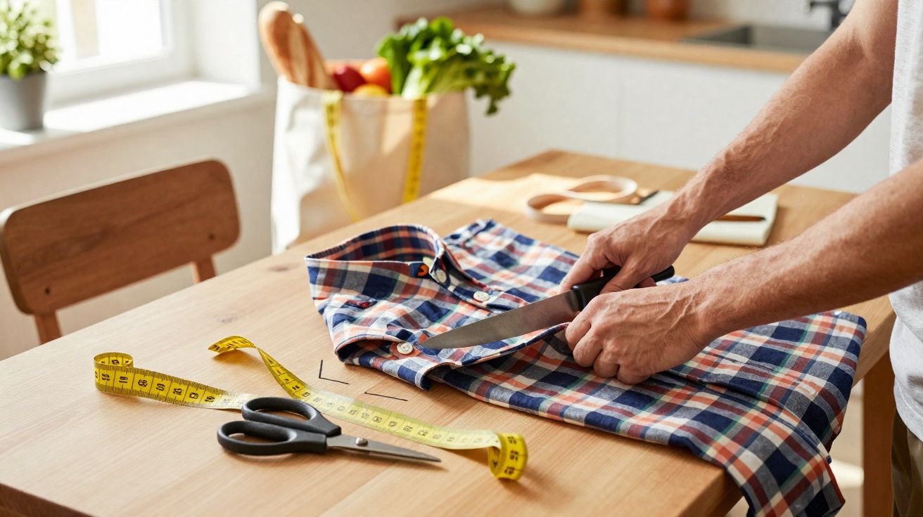 Pessoa a cortar uma camisa de padrão xadrez sobre uma mesa de madeira com fita métrica e tesoura.