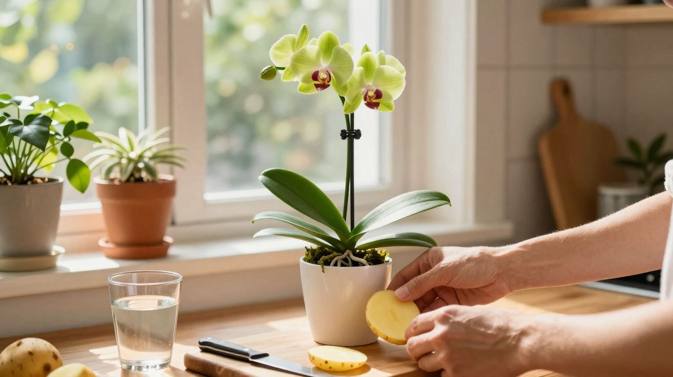 Orquídea amarela numa cozinha com mãos a cortar batatas numa bancada junto à janela iluminada.