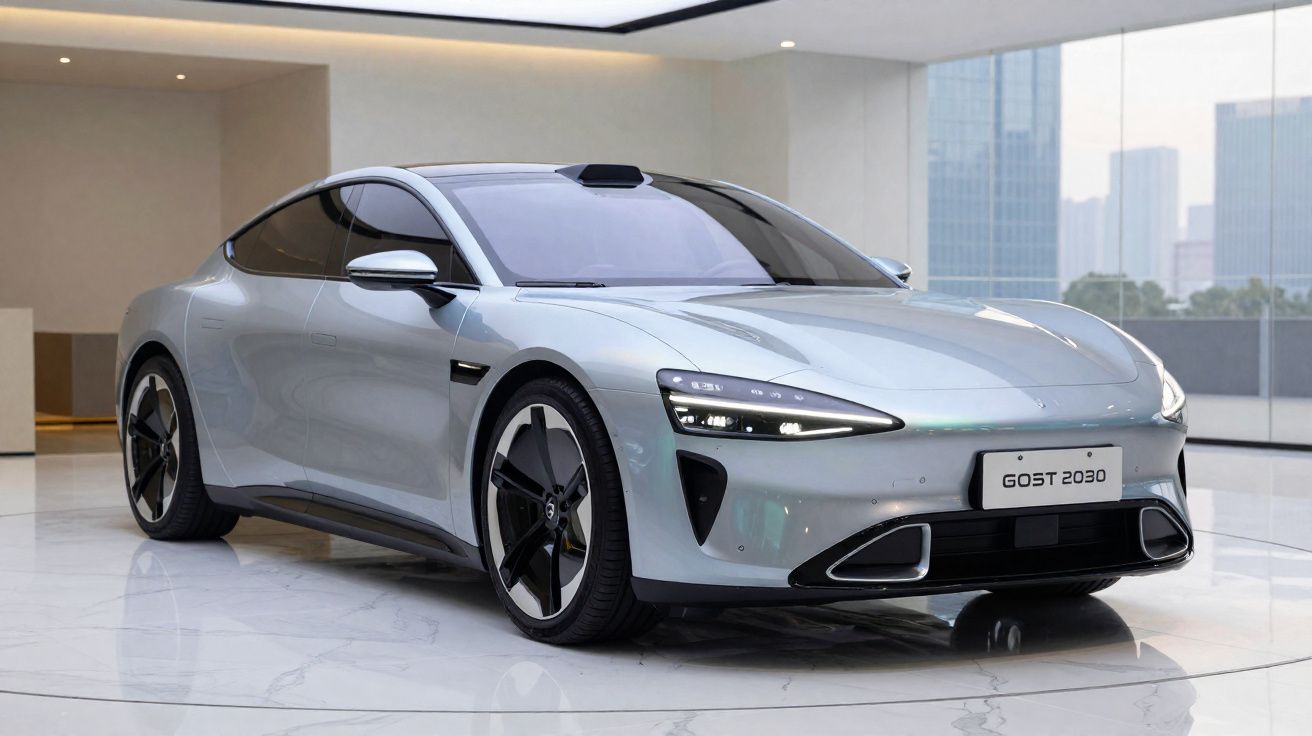 Carro elétrico desportivo prateado com design futurista e linhas aerodinâmicas, apresentado num espaço moderno.