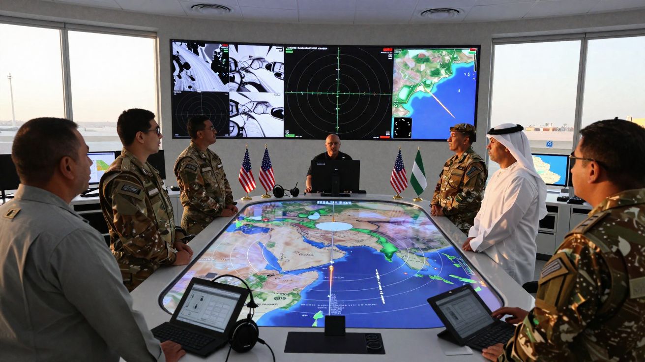 Sala de operações militar com oficiais de diferentes países e mapas digitais em ecrãs e mesa de controlo.