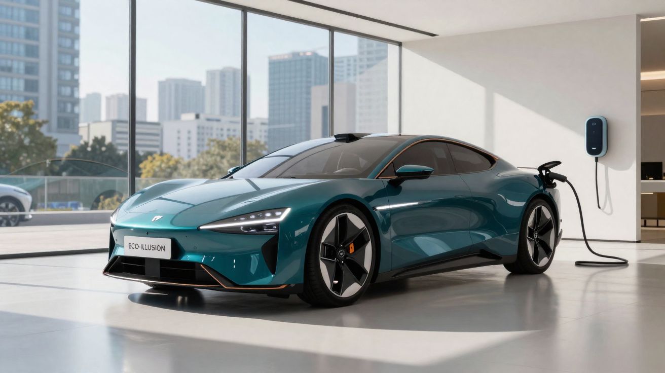 Carro elétrico desportivo azul a carregar numa estação dentro de uma garagem moderna com vista para a cidade.